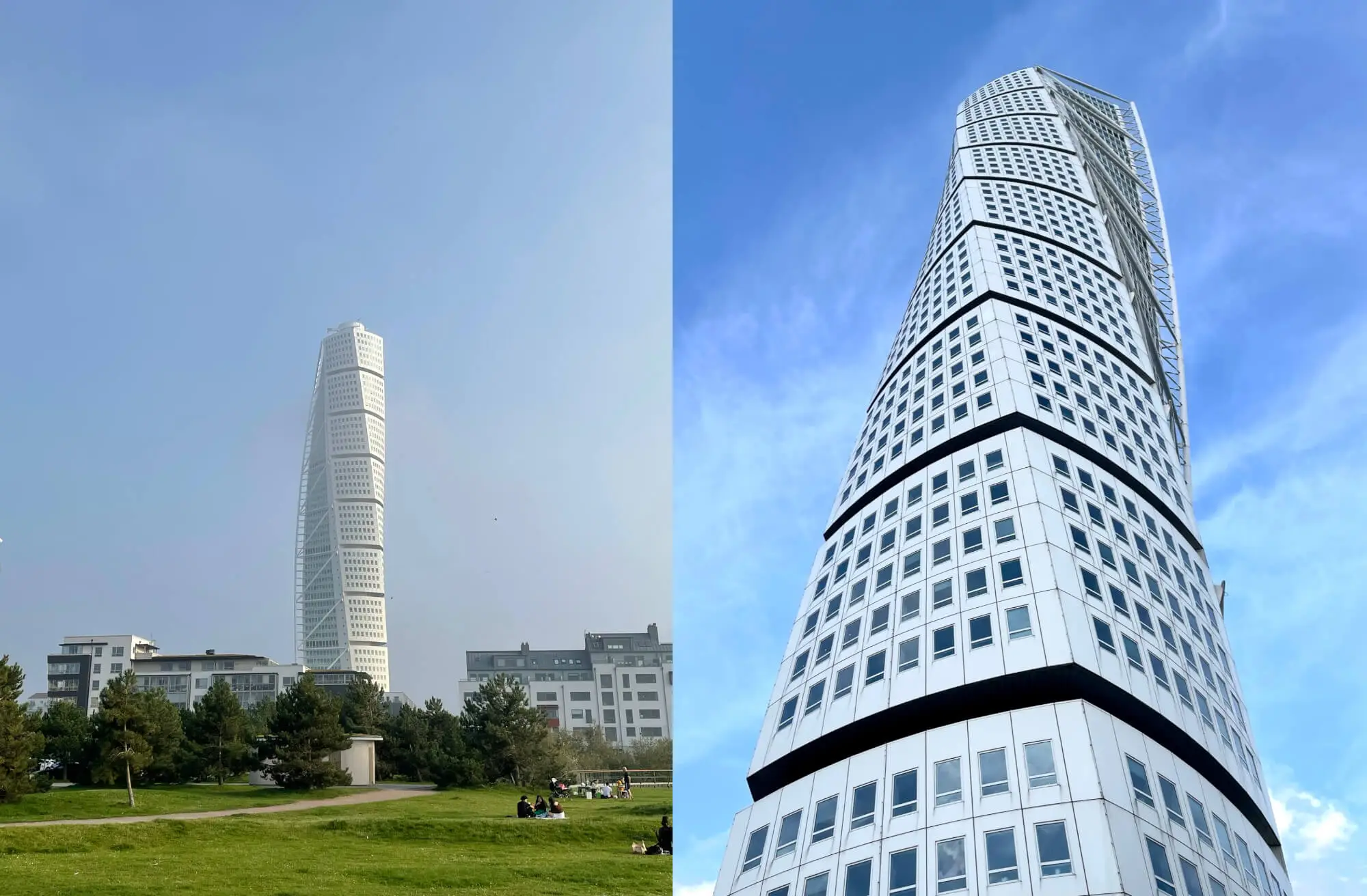 Impressive tower in Malmo, the Turning Torso, seen from afar and below.