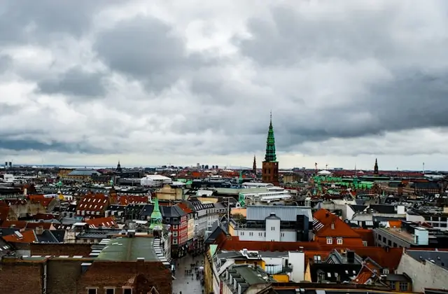 Aerial view of city buildings in Copenhagen. 