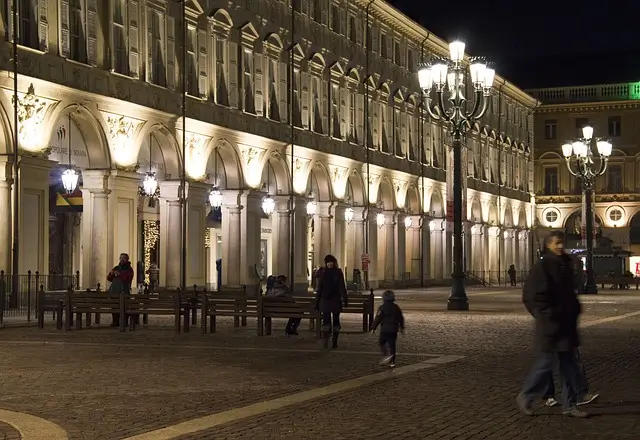 Piazza San Carlo at night.