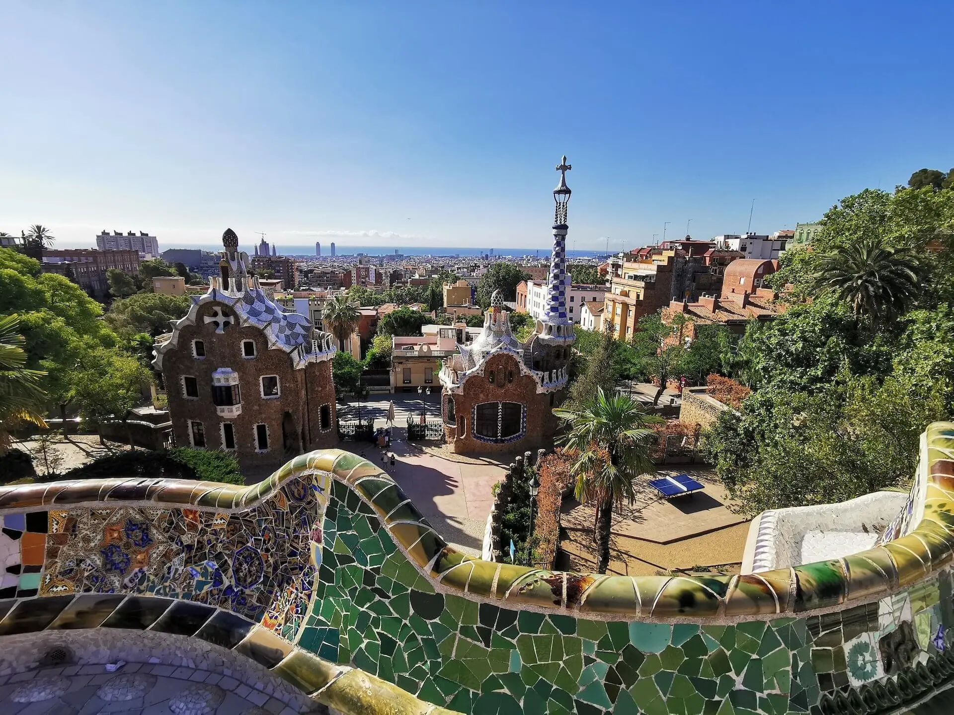 Mosaic-covered walls, typical of Park Güell.