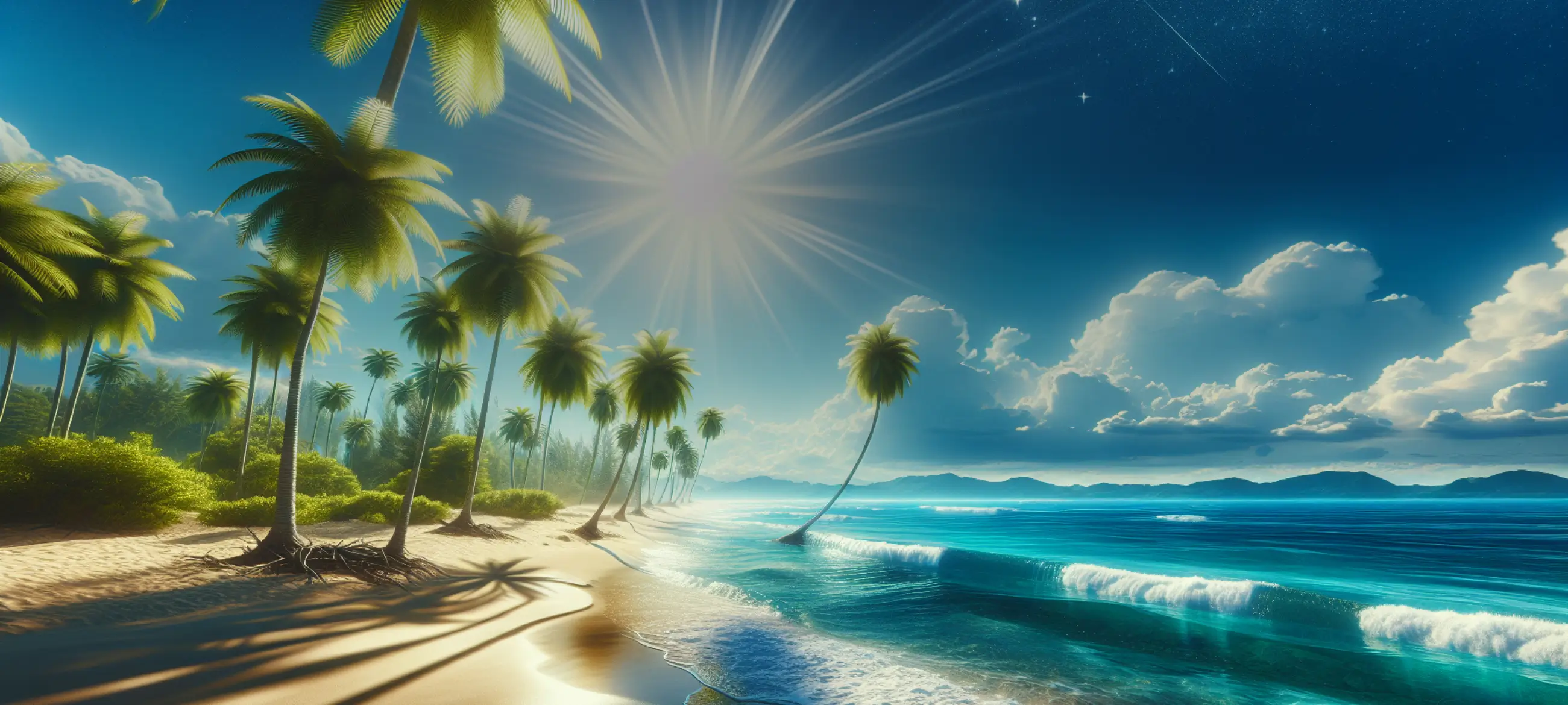 View of a beach with palm trees and a big sun